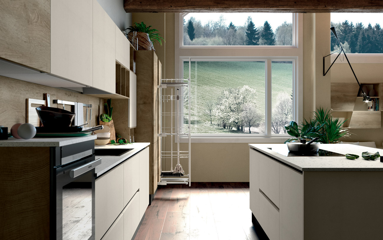 Cucina isola colonna a estrazione accessoriata