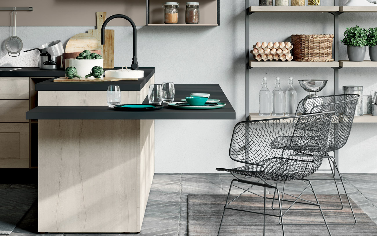 Cucina penisola industrial con blocco penisola in altezza diversa