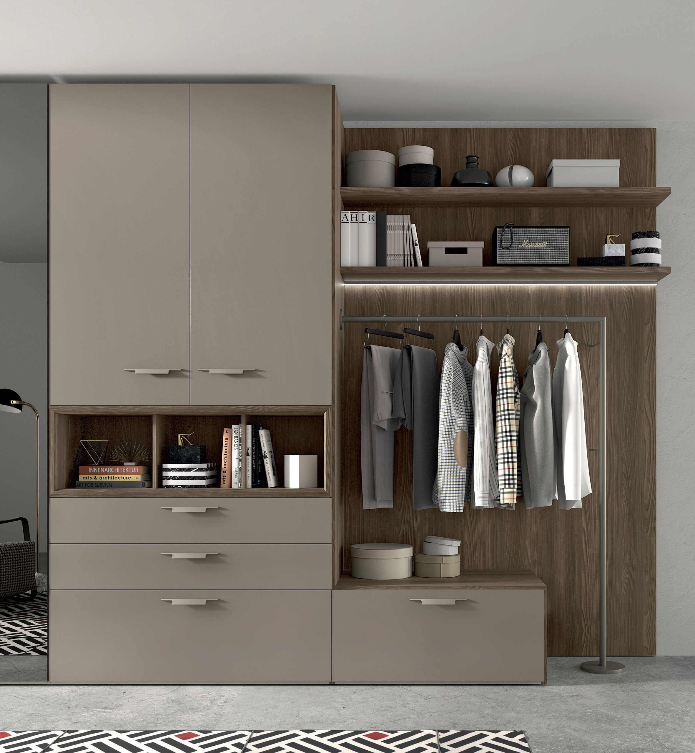 Armadio battente ideale con cassetti e boiserie