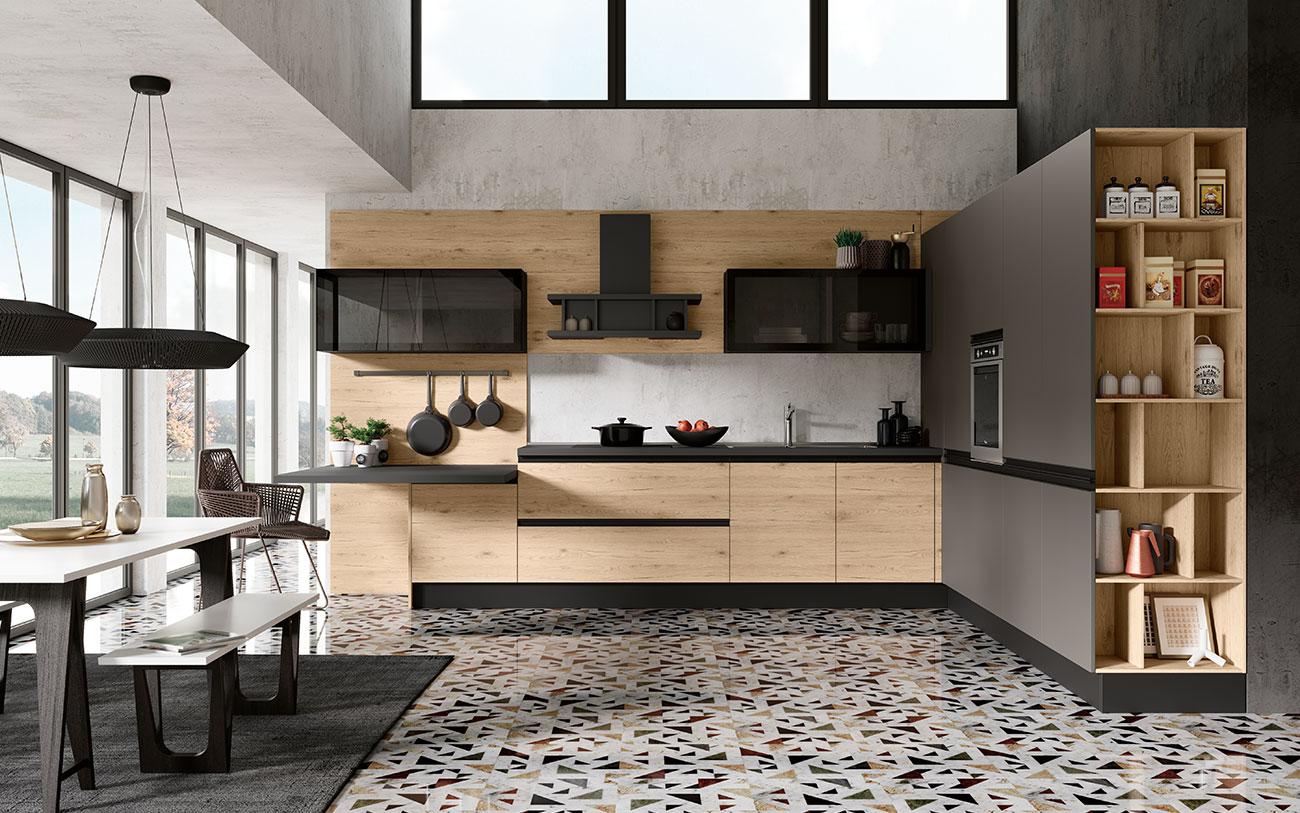 Cucina con disposizione angolare in finitura essenza