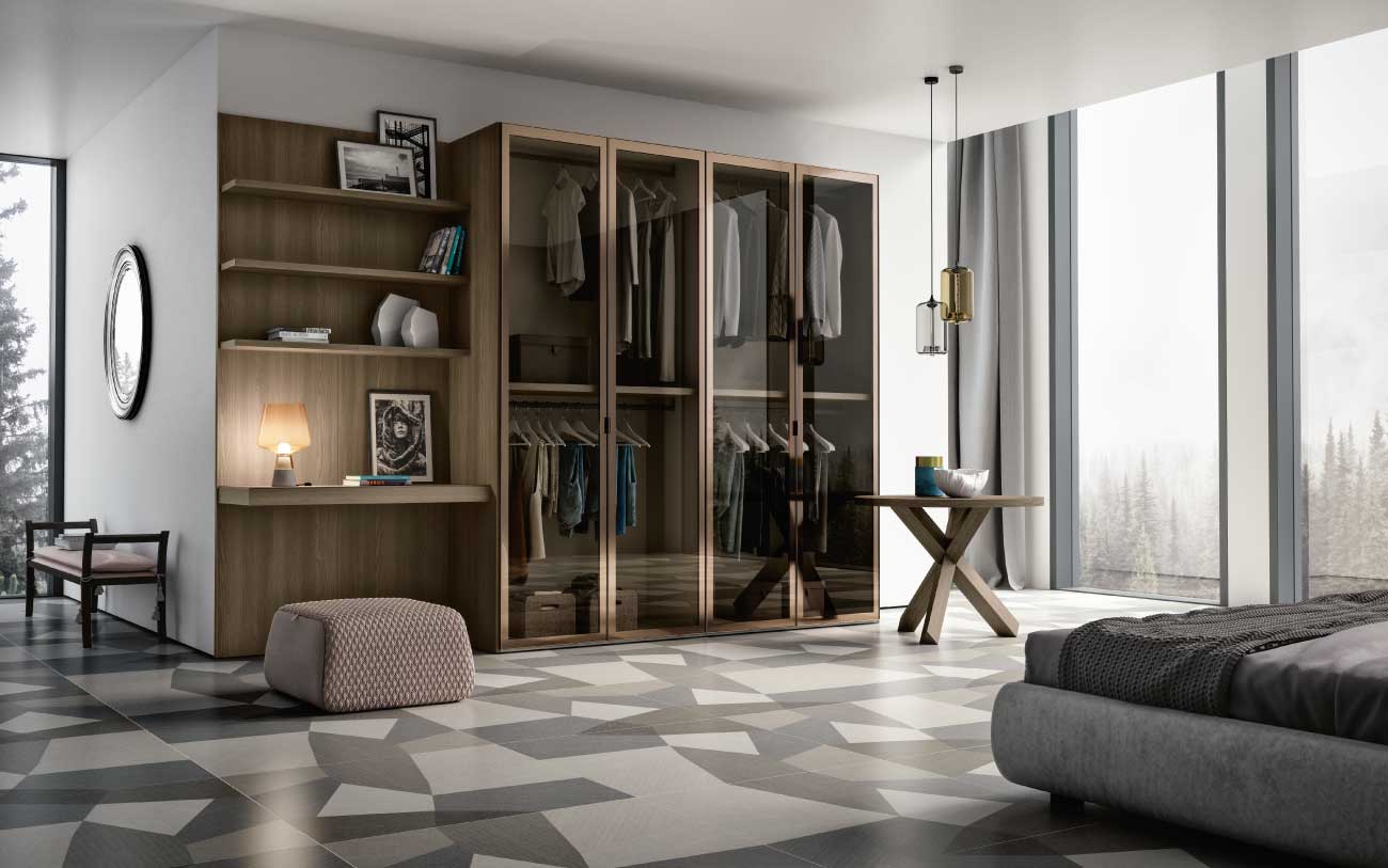 Camera da letto con armadio ante vetro e home office integrato