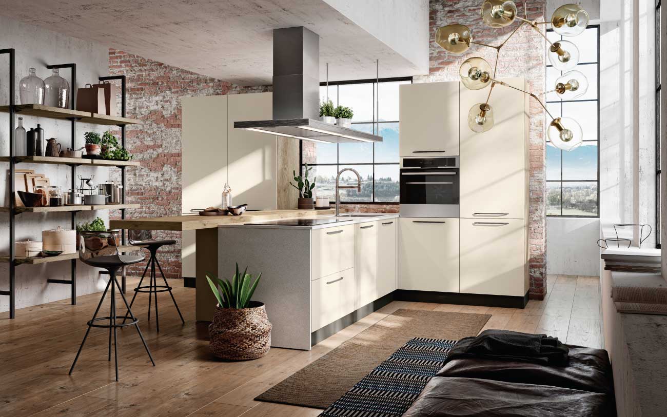 Cucina con penisola in orzo opaco