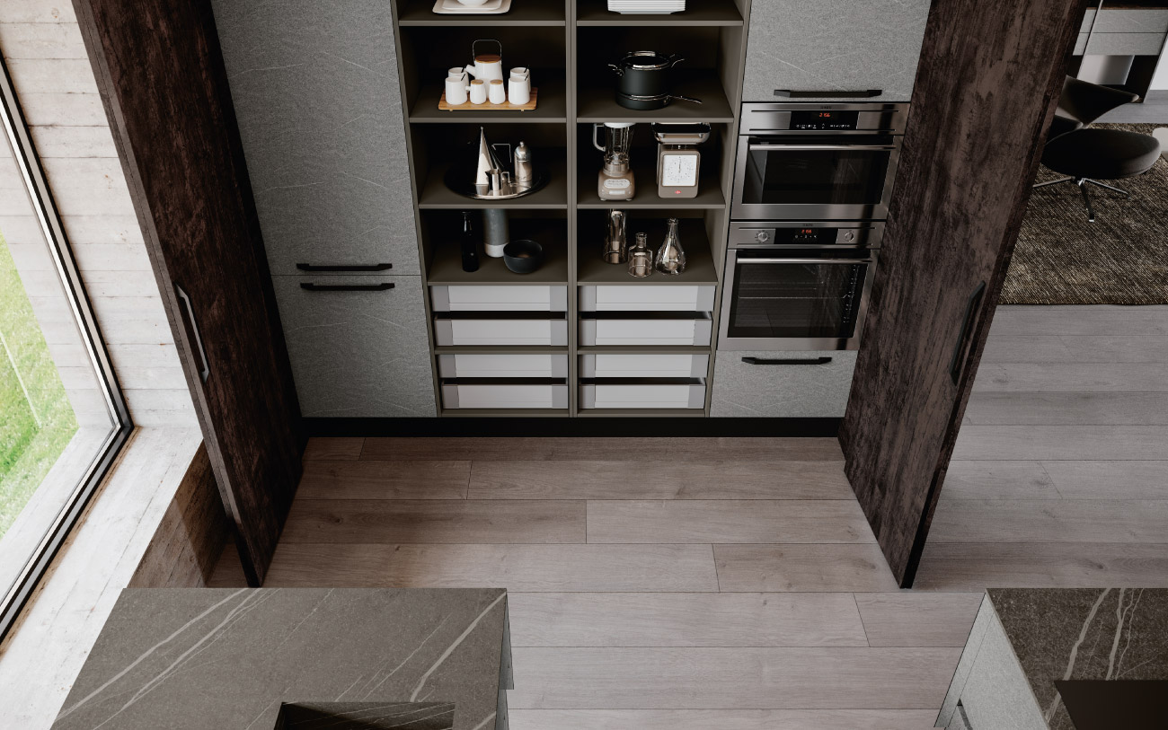 Cucina con isola Pensarecasa - particolare poket door