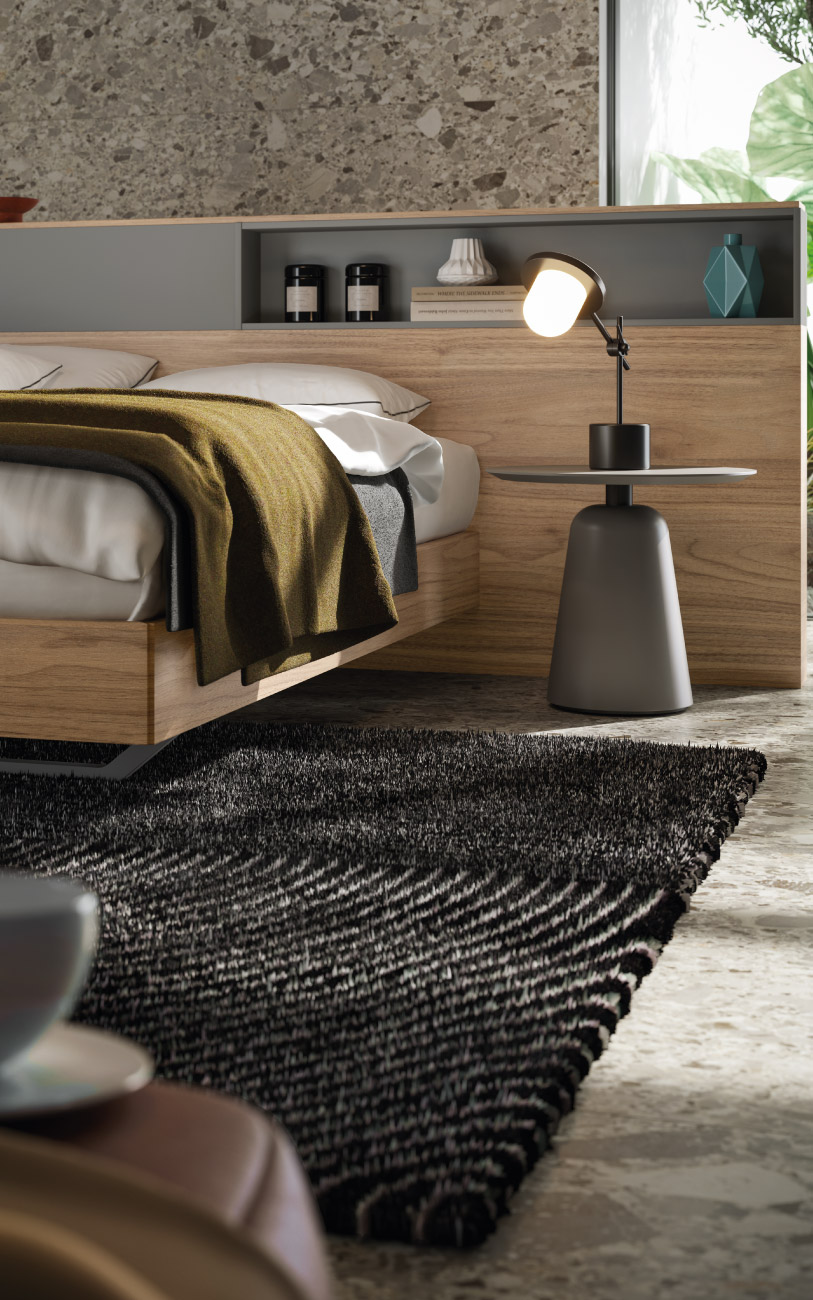 Dado letto contenitore in legno in Noce biondo e Grigio seta particolare testiera