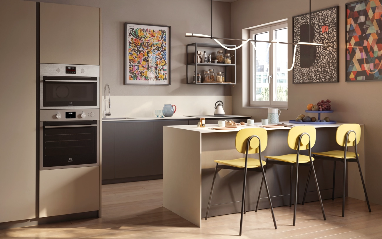 Cucina con isola con ante in PET titanio e cabina lavanderia