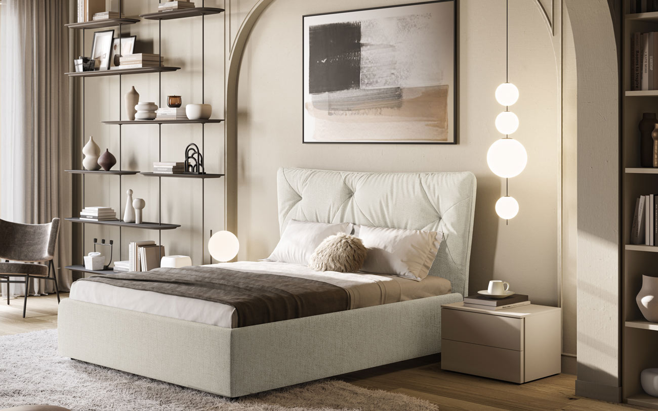 Immagine Letto matrimoniale imbottito Dione tessuto Aida lino chiaro