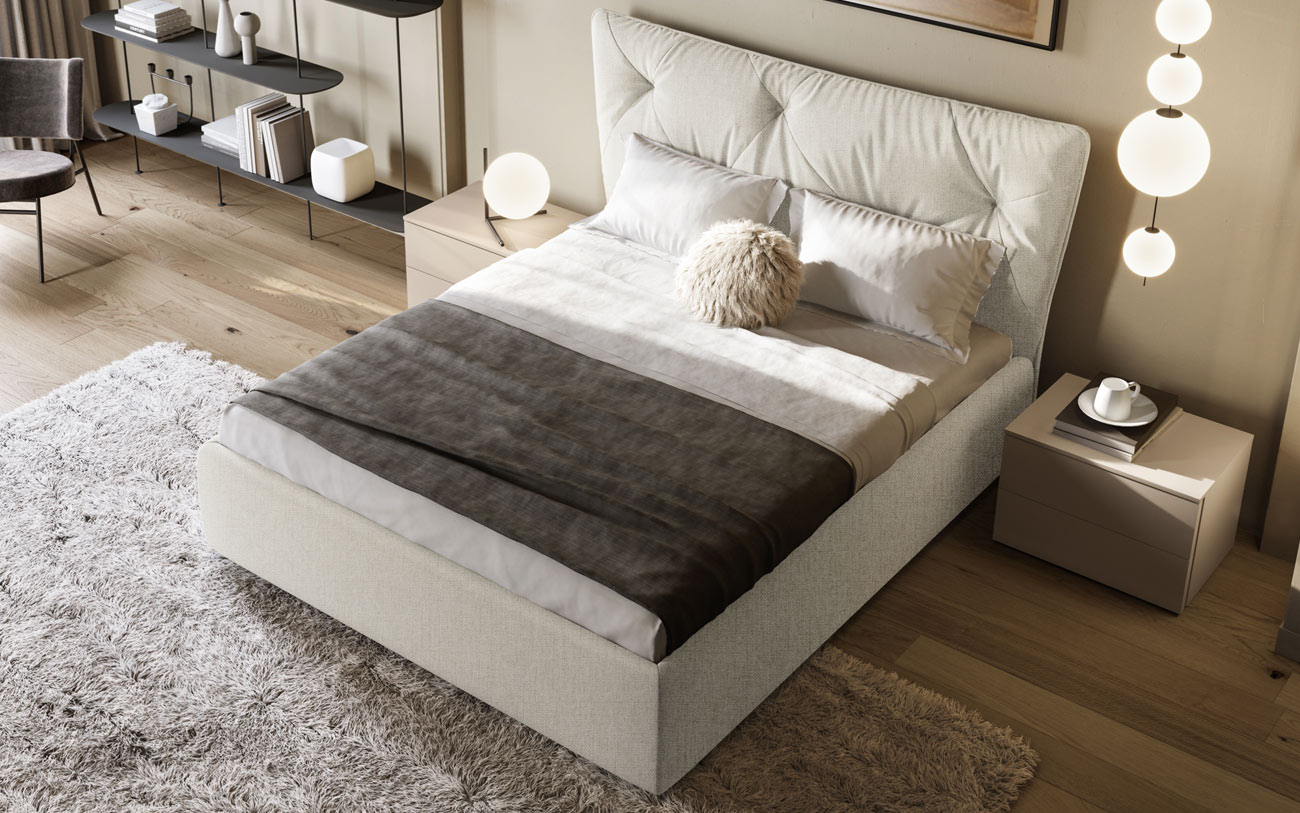 Immagine Letto matrimoniale imbottito Dione tessuto Aida lino chiaro