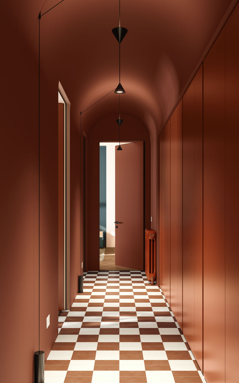 Corridoio disimpegno zona notte casa colorata Pensarecasa
