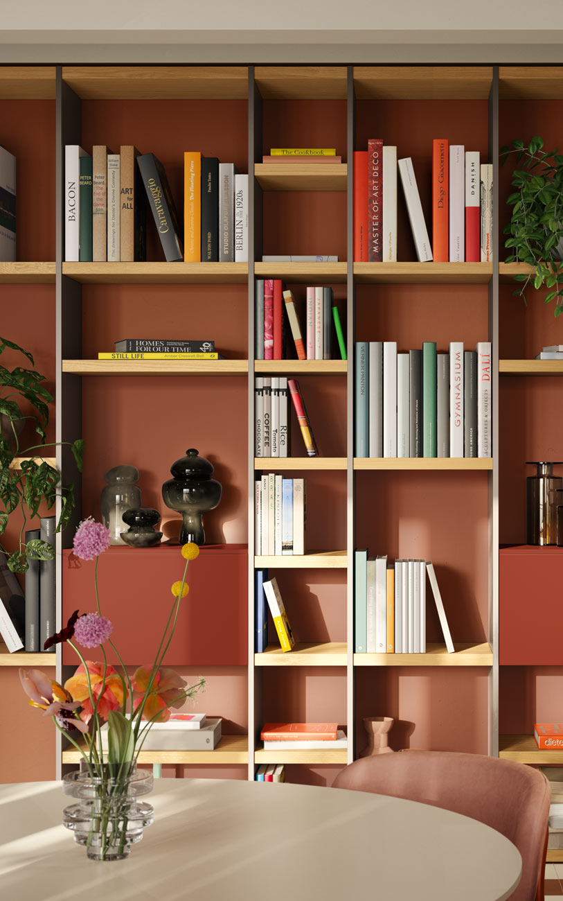 Particolare libreria ingresso casa colorata Pensarecasa