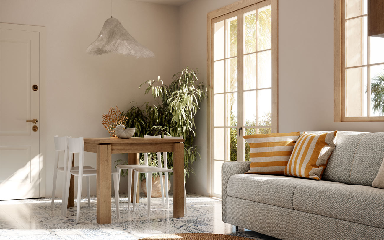 Immagine sala da pranzo con tavolo allungabile in essenza legno Rovere chiaro e divano letto