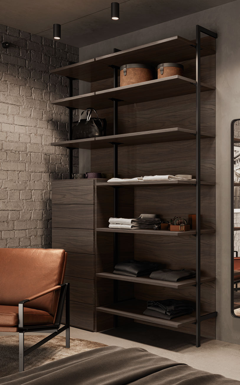 Zona notte stile industrial bilocale 45mq particolare armadio pensarecasa
