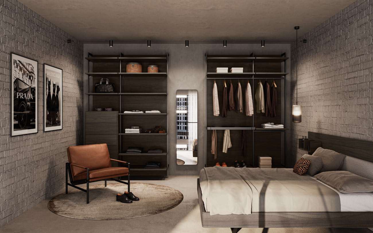 Zona notte stile industrial bilocale 45mq pensarecasa