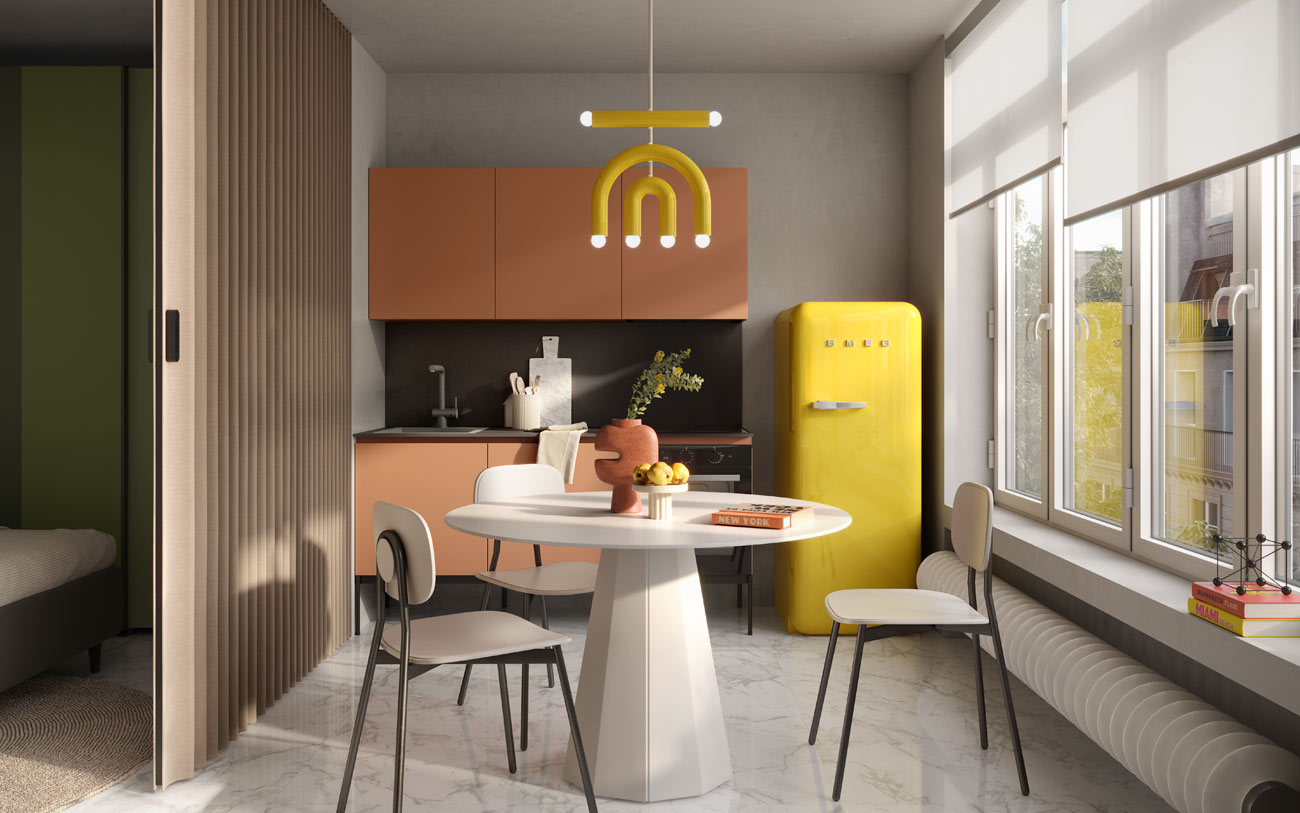 Cucina lineare In Cachi monolocale eclettico pensarecasa
