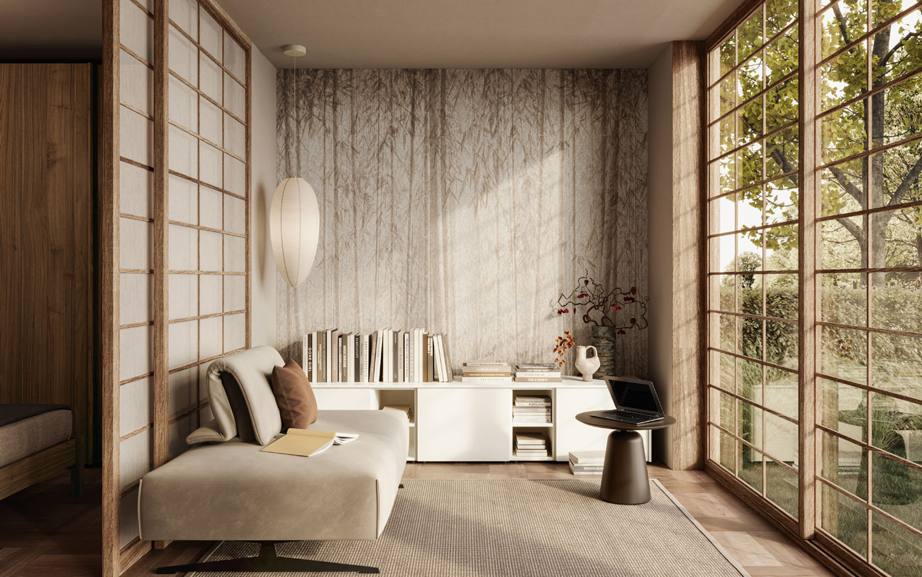 Soggiorno monolocale stile Japandi Pensarecasa
