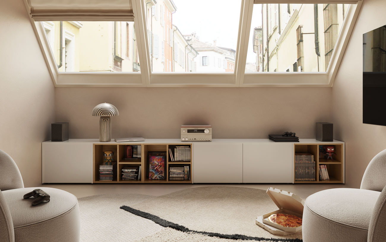 Mansarda Lounge con madia componibile in Bianco latte pensarecasa