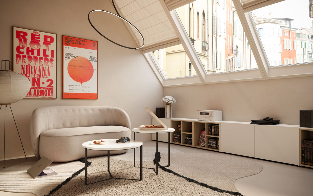 Mansarda Lounge con madia componibile in Bianco latte pensarecasa