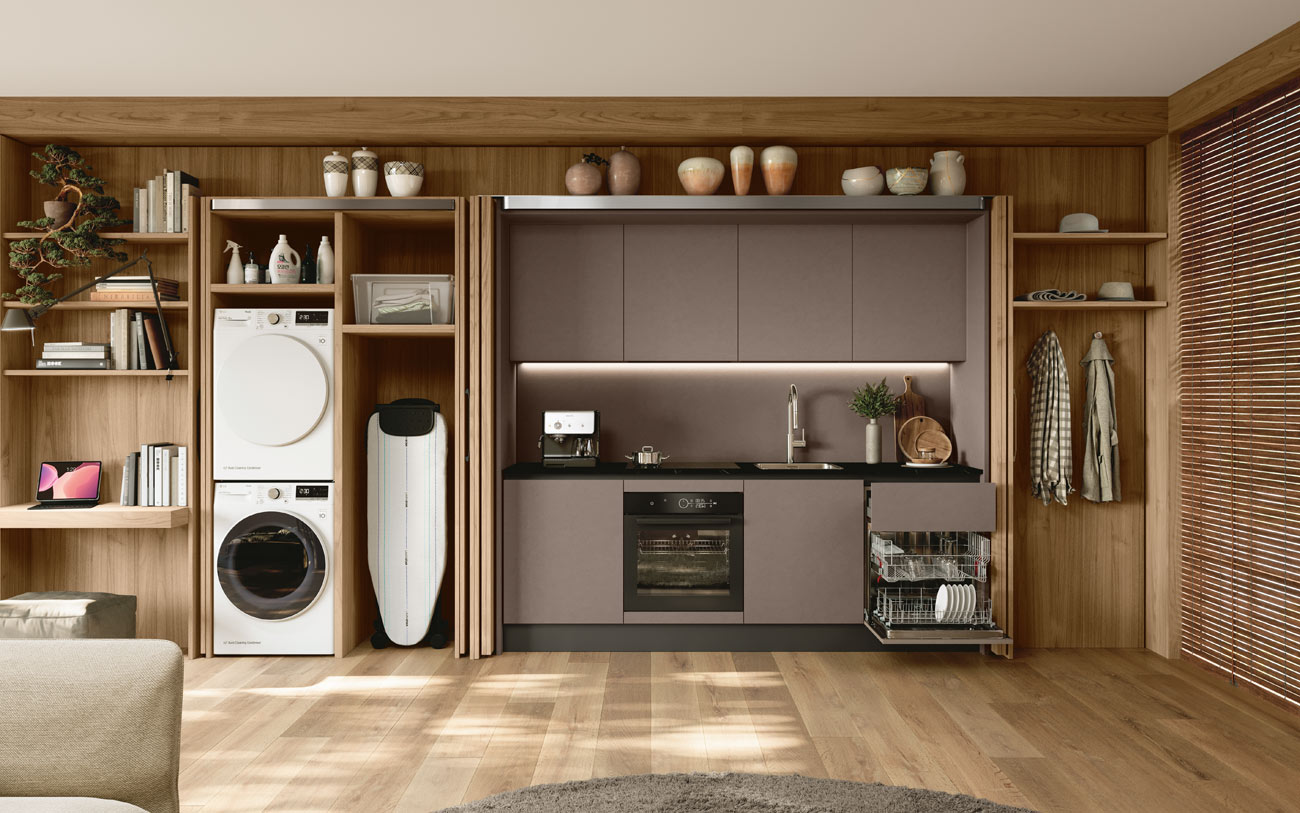 Cucina lineare zen con pocket door pensarecasa