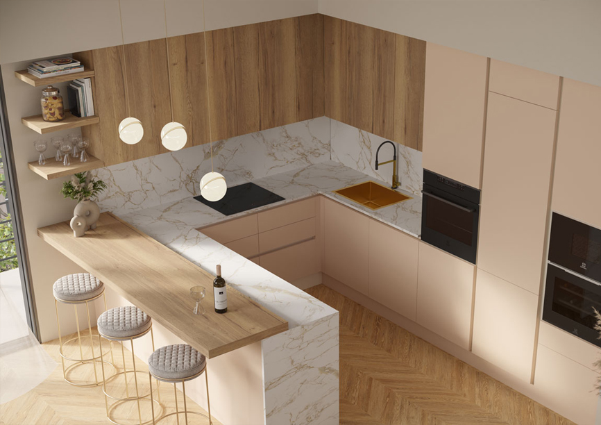 Cucina con penisola in Rovere chiaro e Dekton Entzo