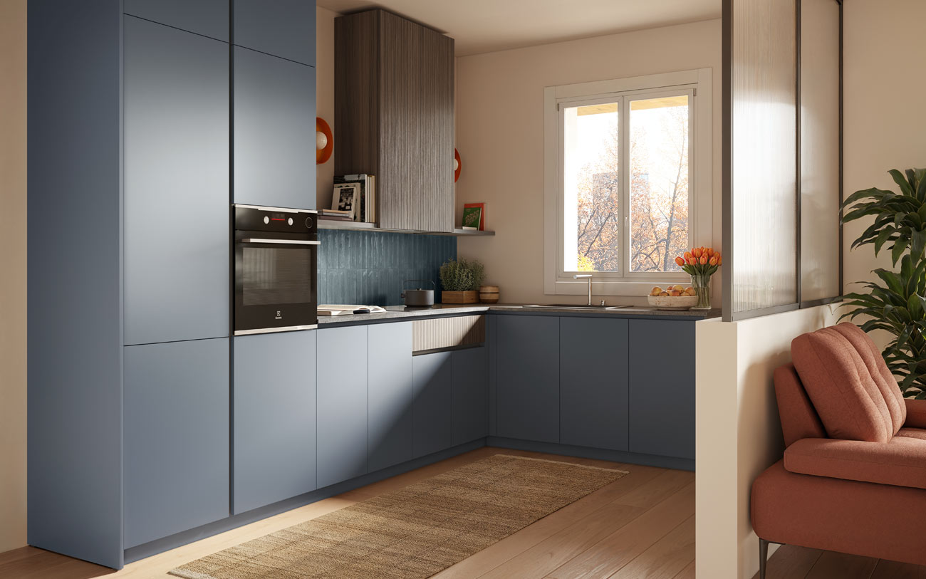 Immagine Cucina angolare in PET Blu avio con pensile e cassetto in Noce caffè Pensarecasa