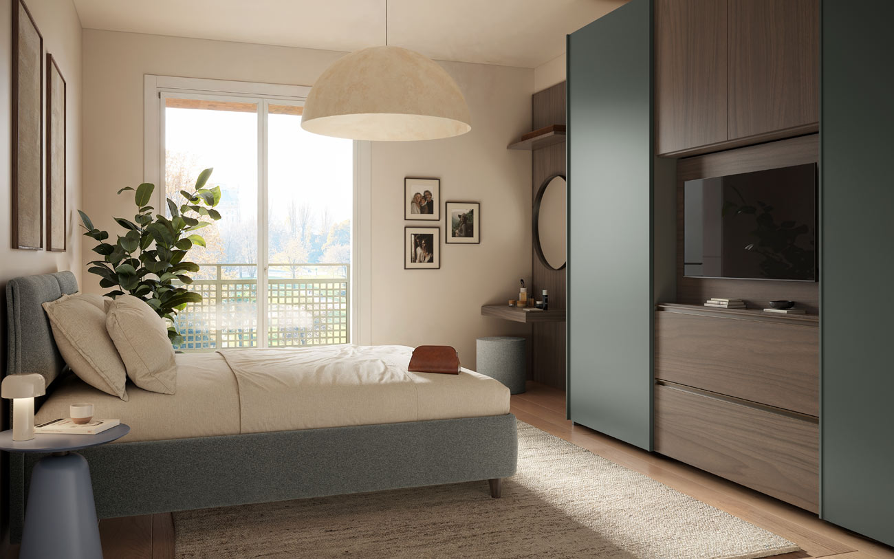 Immagine camera matrimoniale con armadio e home office Pensarecasa