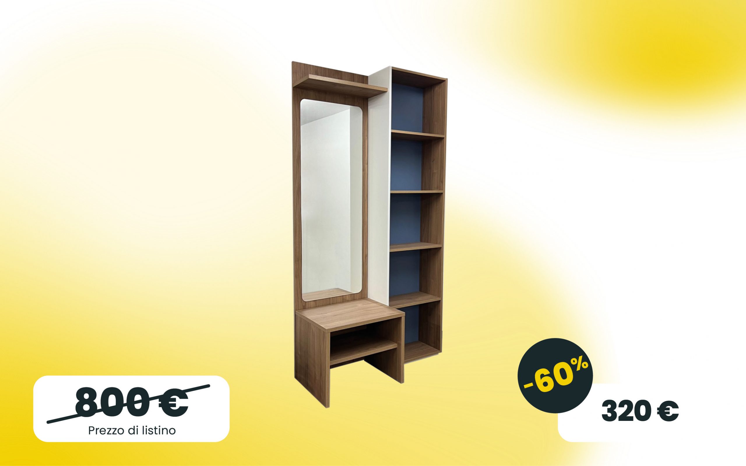Composizione ingresso in Noce biondo e Bianco con libreria e specchio
