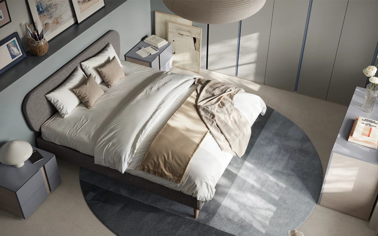 Immagine dall'alto con Camera matrimoniale con letto Scudo in tessuto grigio armadio battente Grigio seta con maniglie carta da zucchero