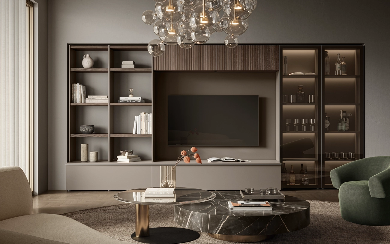 Immagine frontale parete attrezzata elegante con libreria e vetrine in Grigio cenere