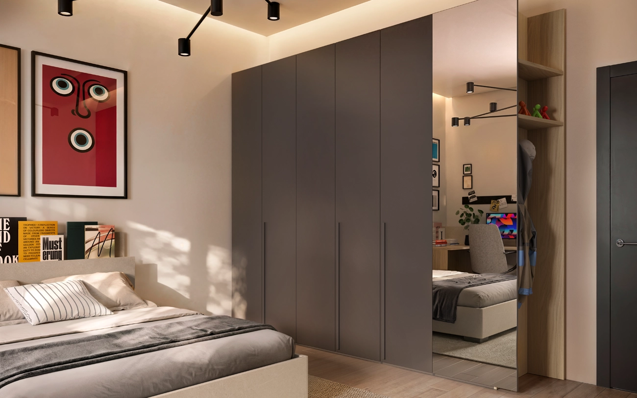 Immagine con armadio battente in grigio cenere con un'anta specchio e libreria terminale in Rovere nordico