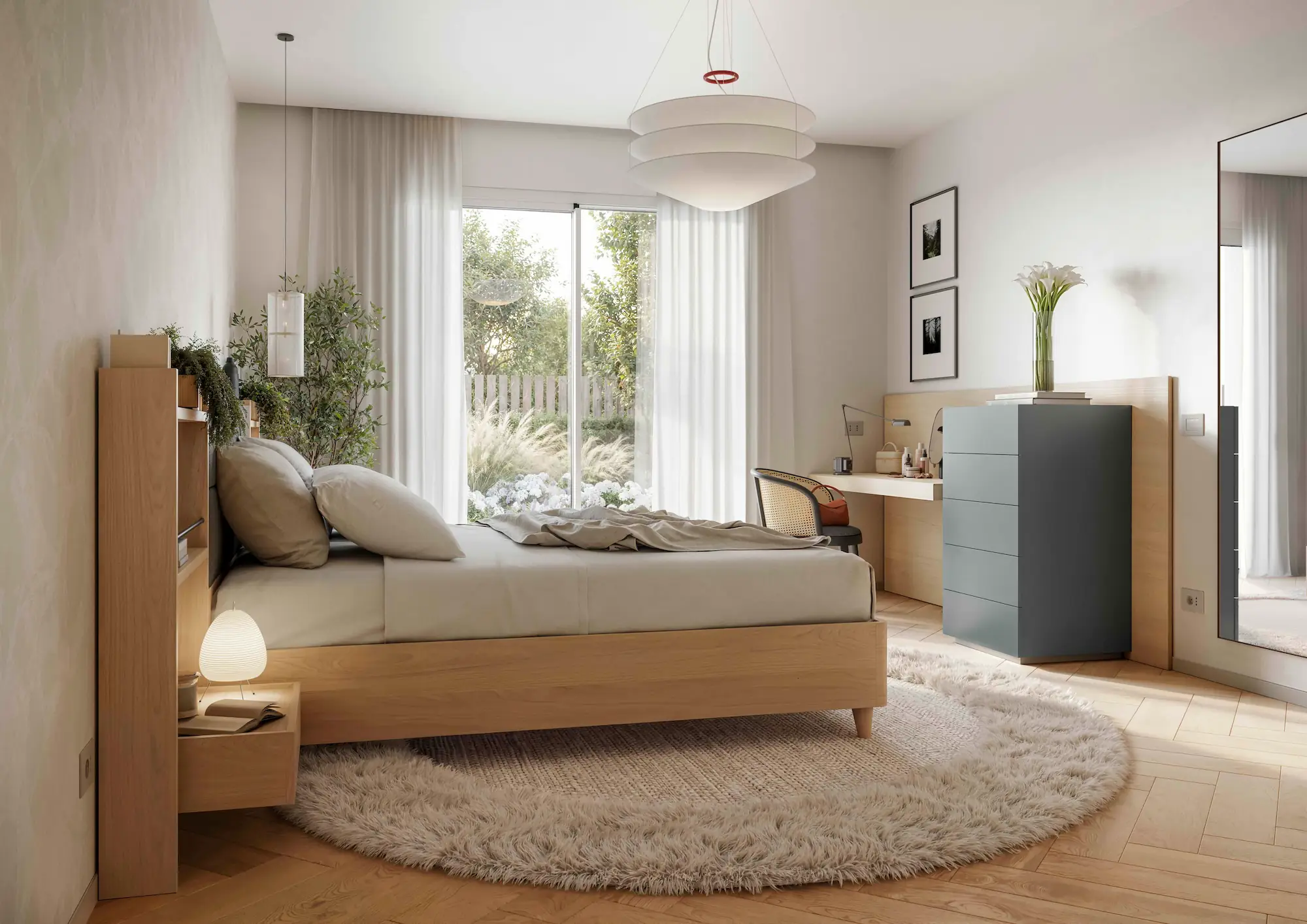 Camera matrimoniale in villetta a schiera con letto in Rovere Nordico, testiera integrata con mensole e comodini