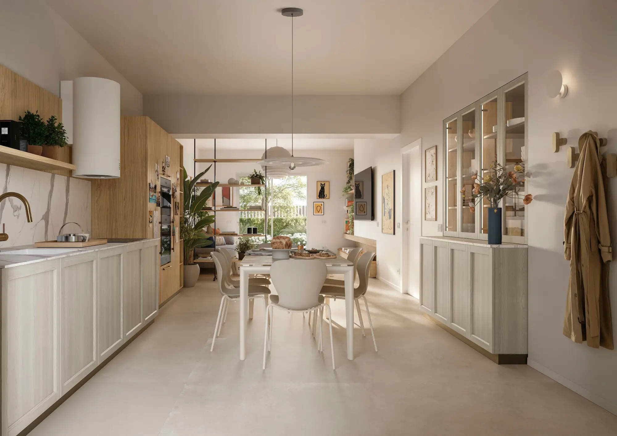 Cucina lineare in villetta a schiera con piano effetto marmo Calacatta in HPL, lavello integrato e scorcio sul soggiorno