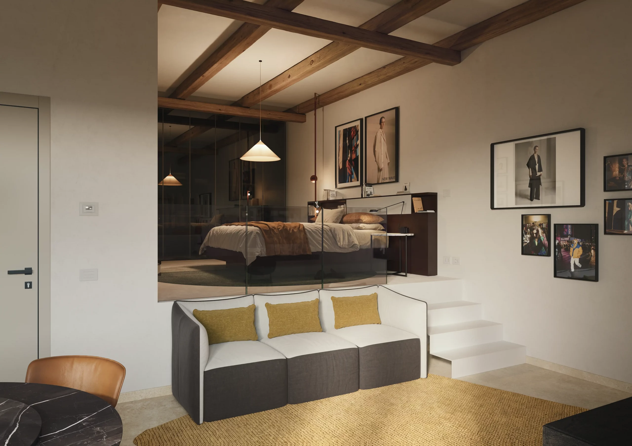 Zona notte di un monolocale di design da 40mq