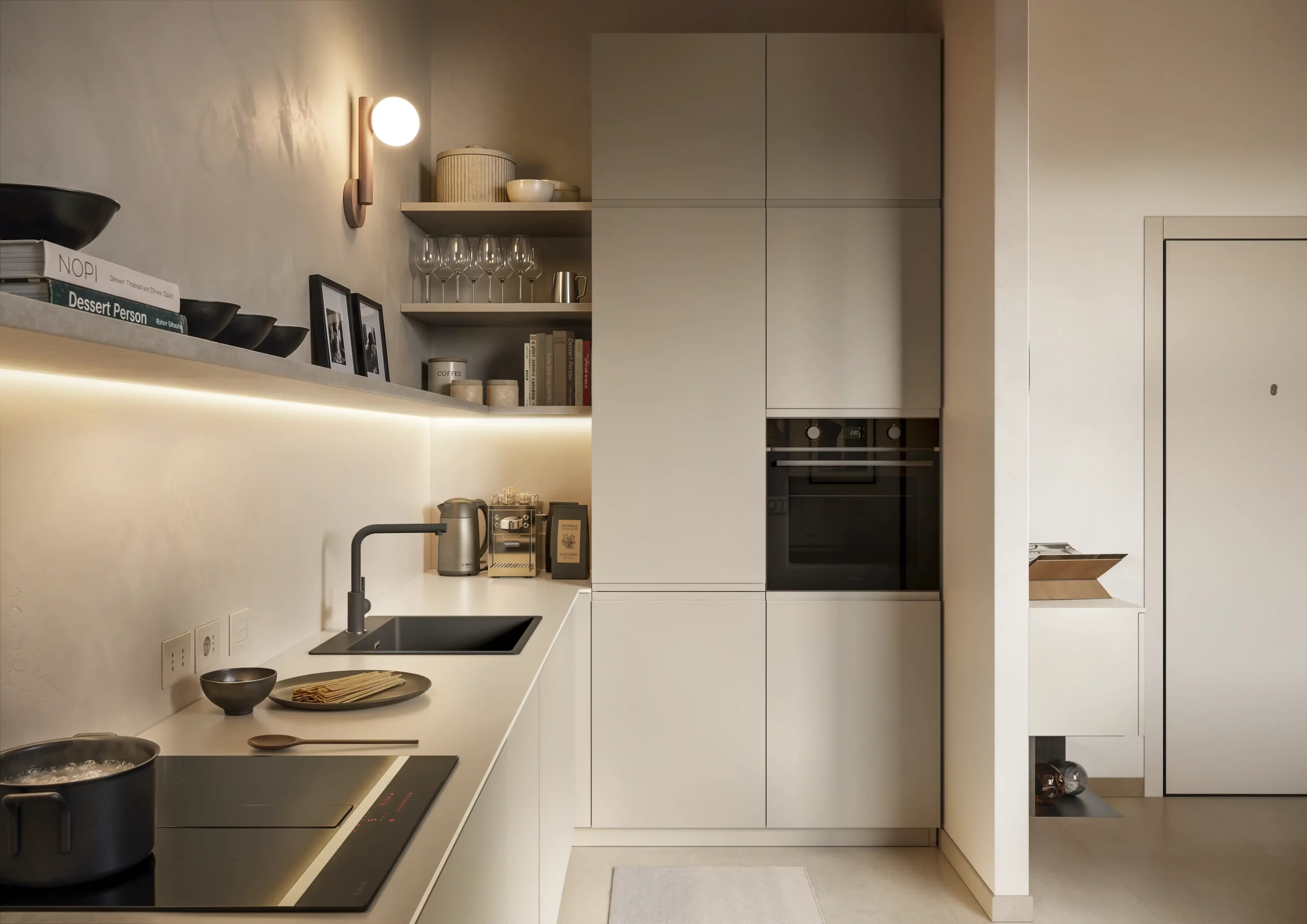 Zona giorno di un monolocale di design da 40mq